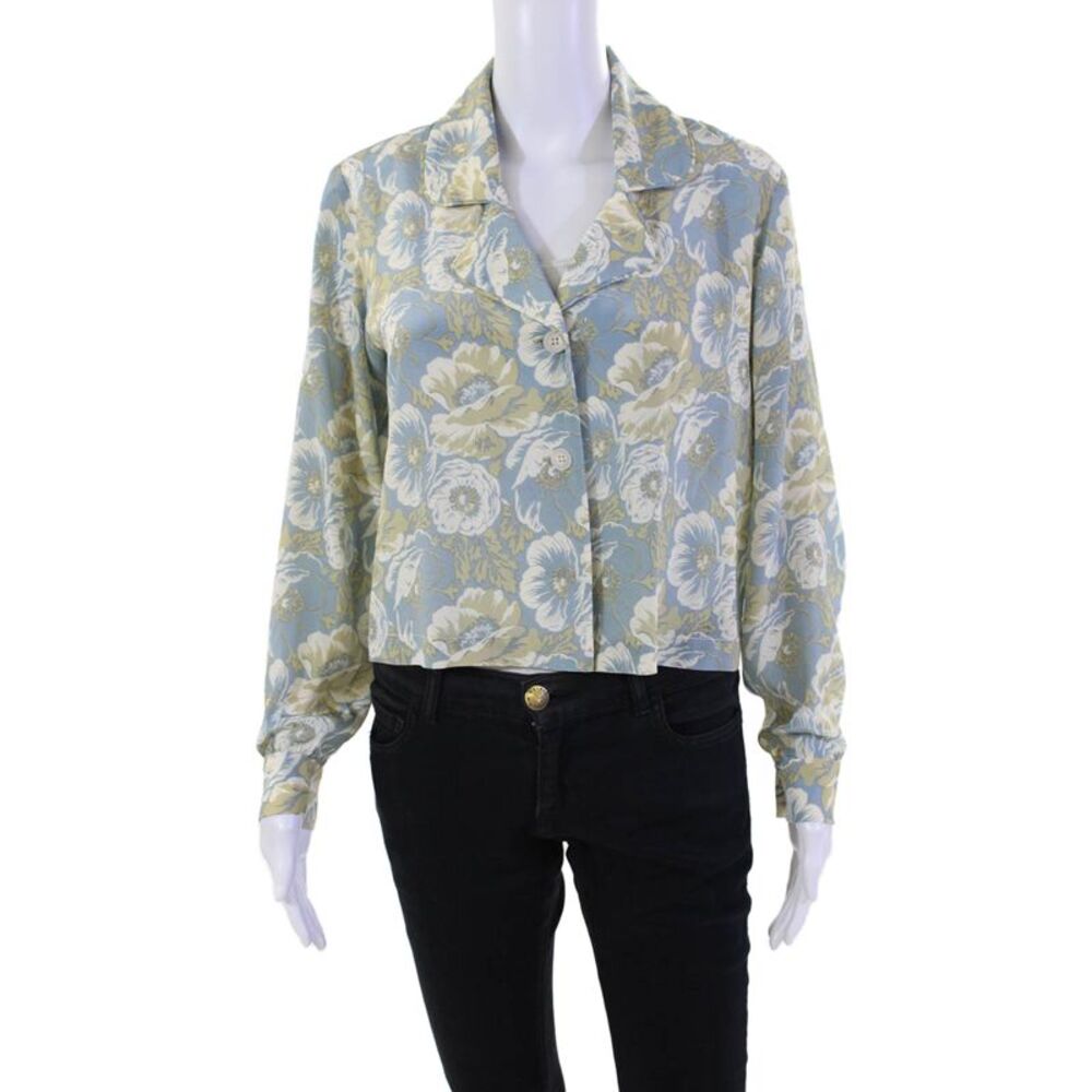 Black Iris Womens Silk Floral Print Cropped Long Sleeve Blouse Blue Size 4